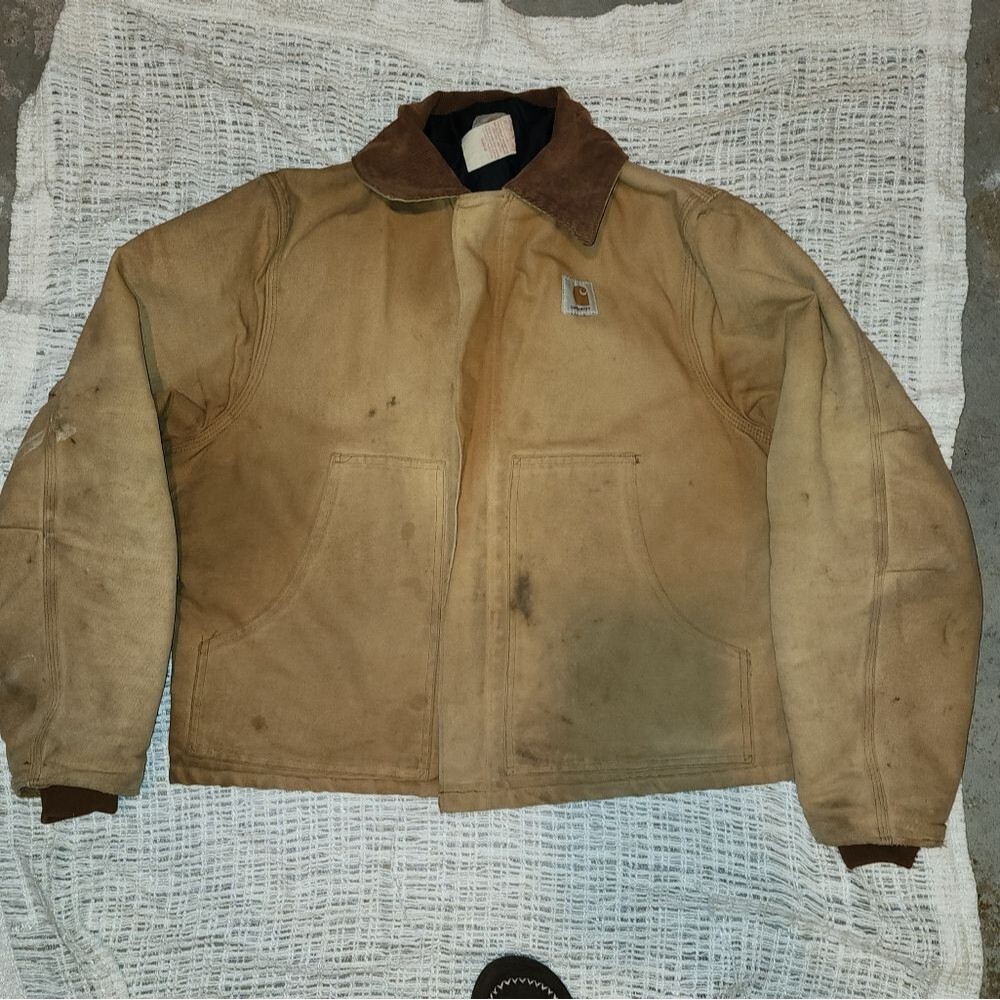 Vintage carhartt men canvas jacket sz 46 usa collon corduroy collar thrashed usa